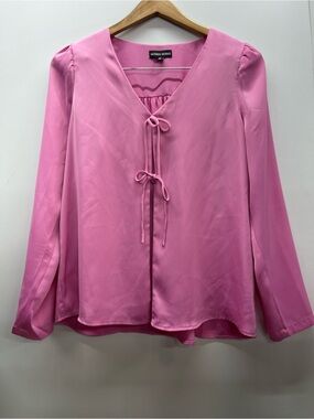 Modern Works pink V-neck satin blouse with tie-front closures